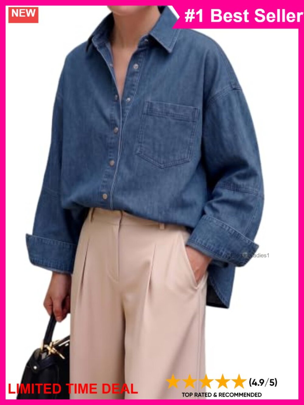 Oversized Denim Button Down Shirt Snap Front Long Sleeve Jean Blouse